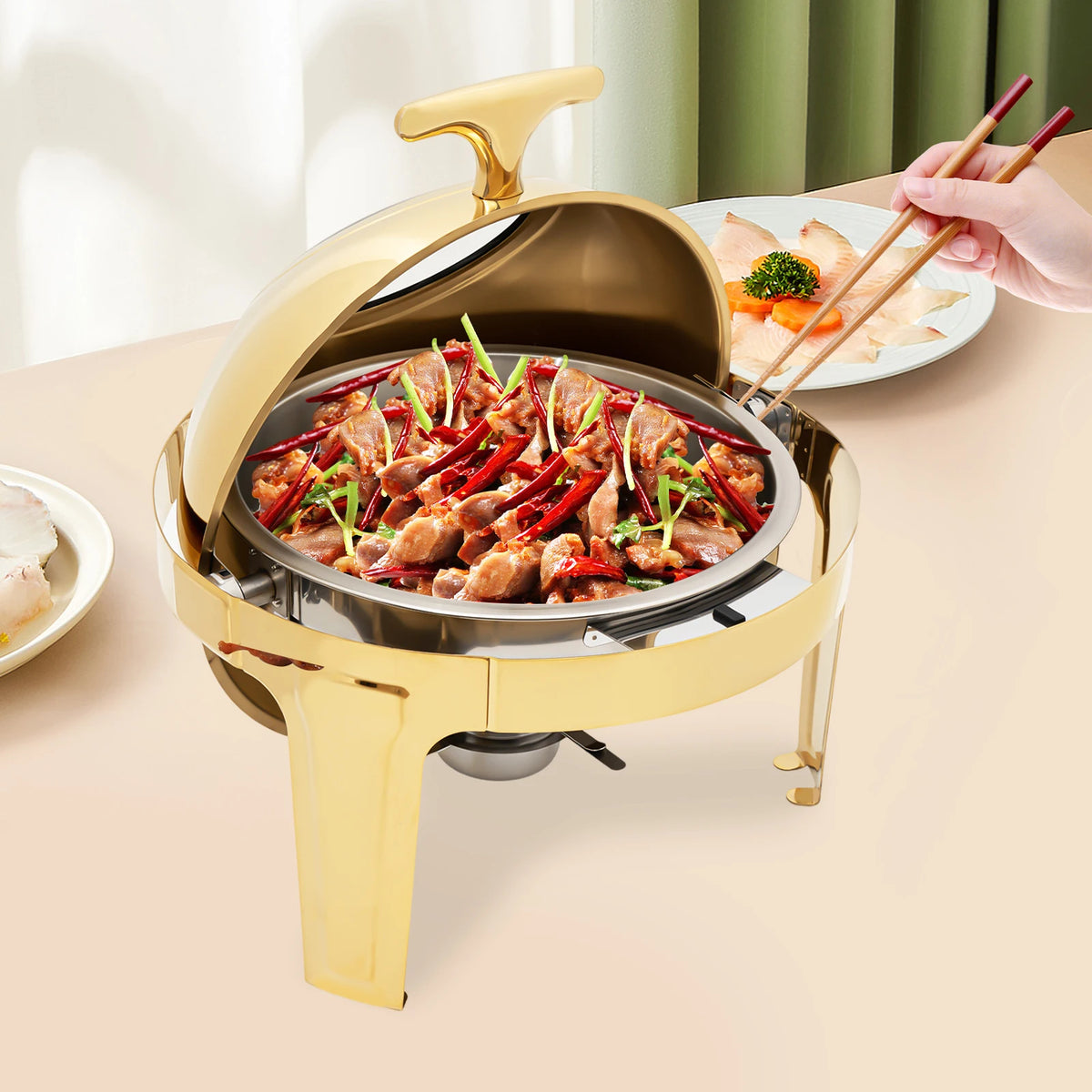 Round Chafing Dish Buffet Set, Buffet Warmers Set, Roll Top Stainless Steel Buffet Warmer for Buffets,Hotel Breakfast and Brunch