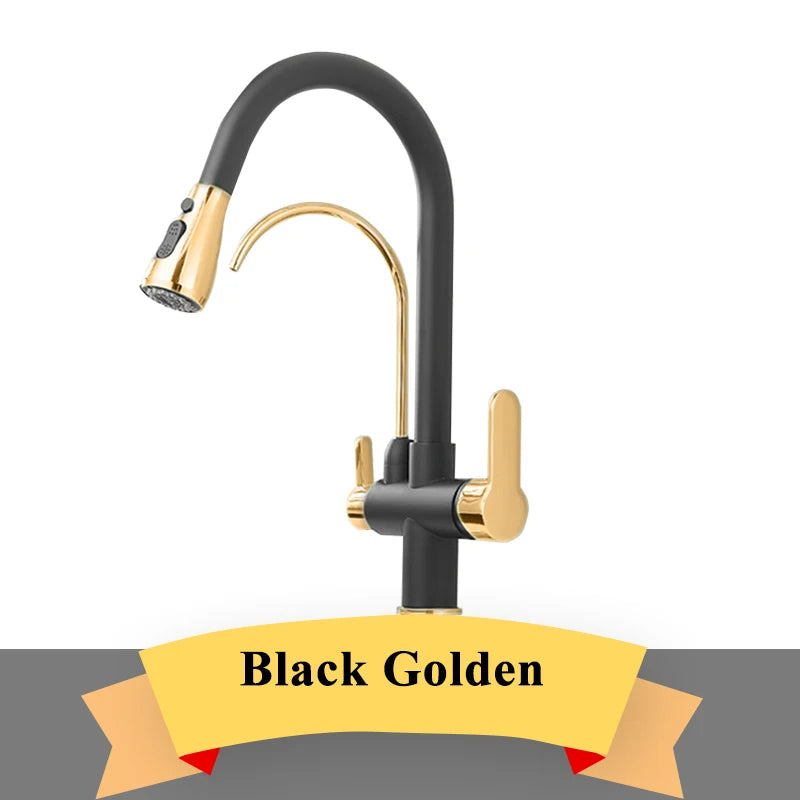 Purification Kitchen Sink Faucet Purified Water Hot and Cold Water Faucets Black Golden Deck Mounted Dual Handle Mixer Tap
