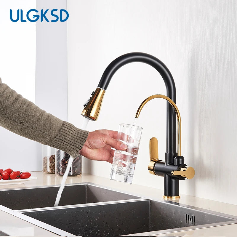 Purification Kitchen Sink Faucet Purified Water Hot and Cold Water Faucets Black Golden Deck Mounted Dual Handle Mixer Tap