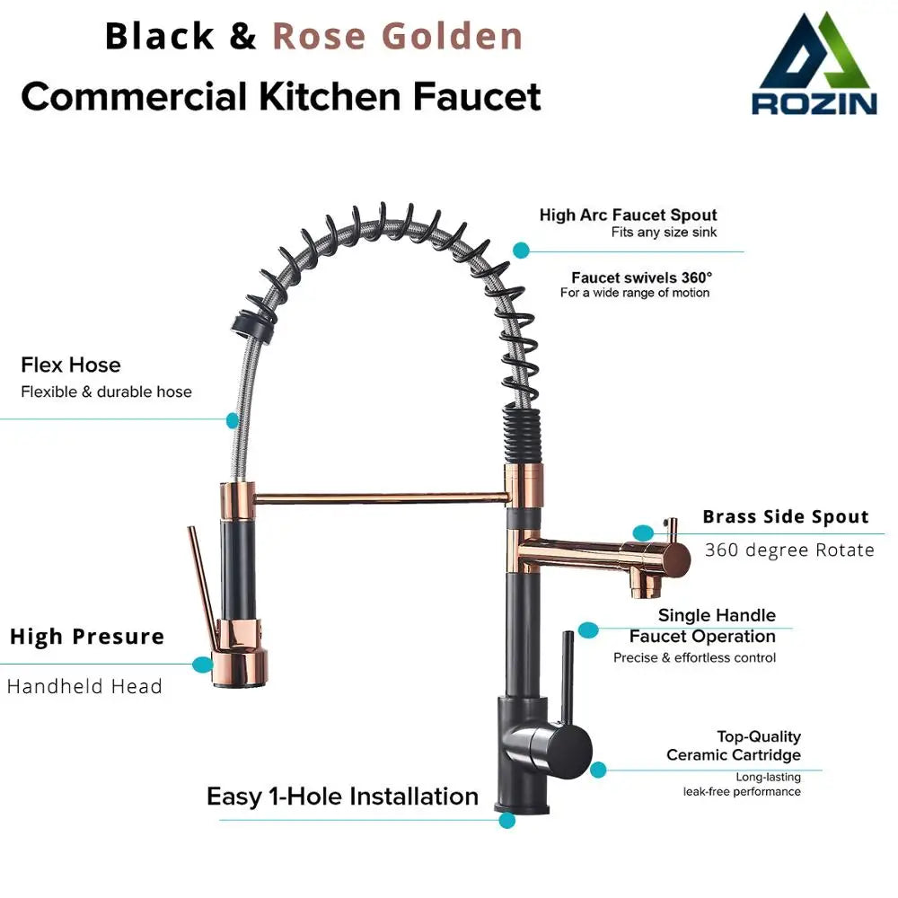 Rozin Black and Rose Golden Spring Pull Down Kitchen Sink Faucet Hot & Cold Water Mixer Crane Tap with Dual Spout Deck Mounted