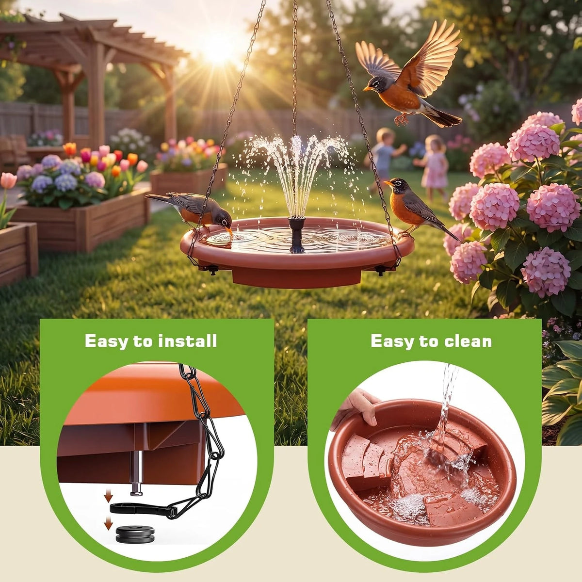 Solar Hanging Bird Bath With Quiet Water Fountain And Steps