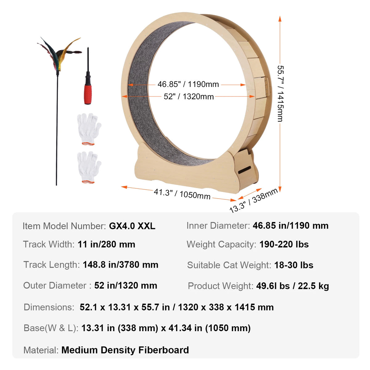 Premium Wooden Cat Exercise Wheel With Carpet And Toy