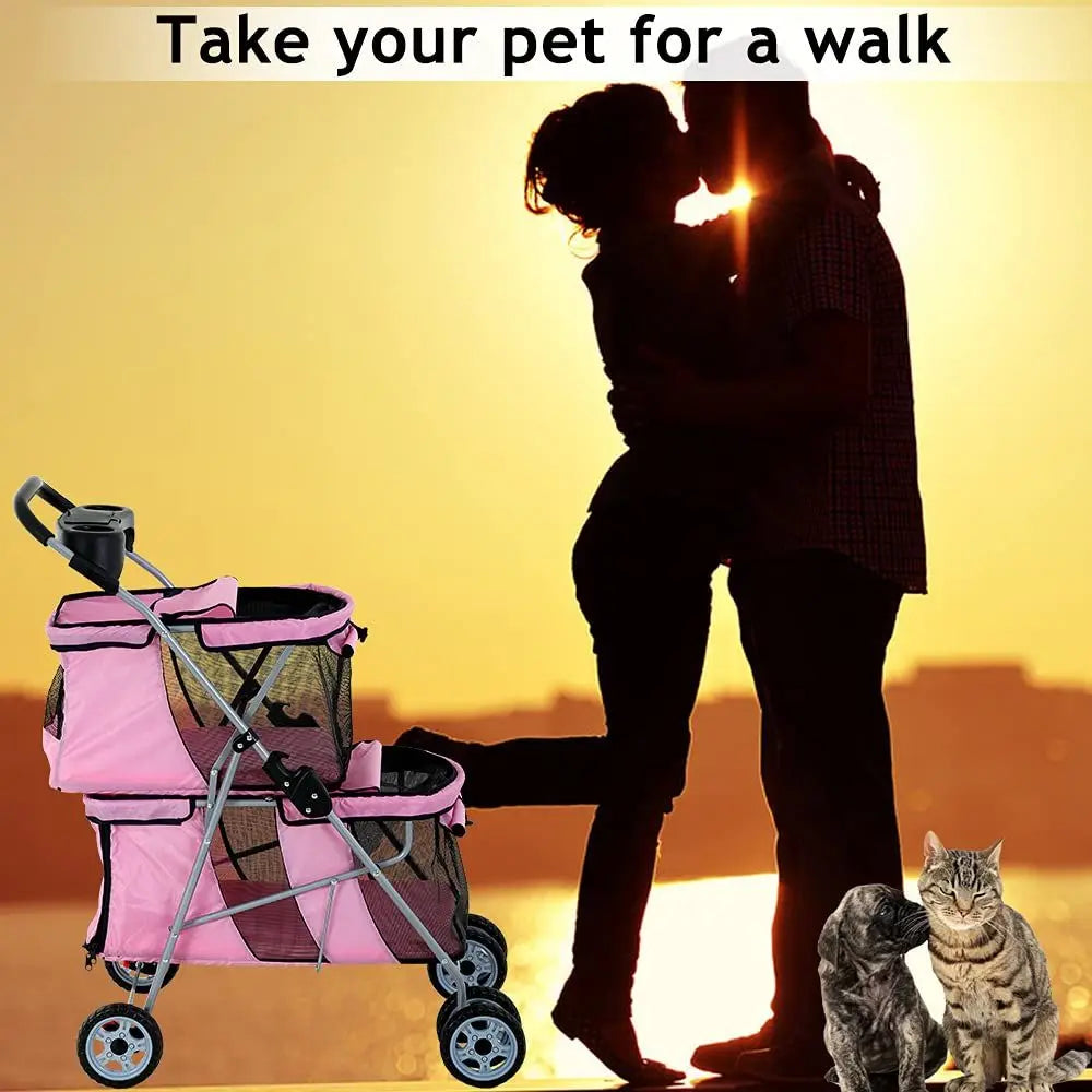 Double Pet Stroller With Cup Holder And Foldable Design