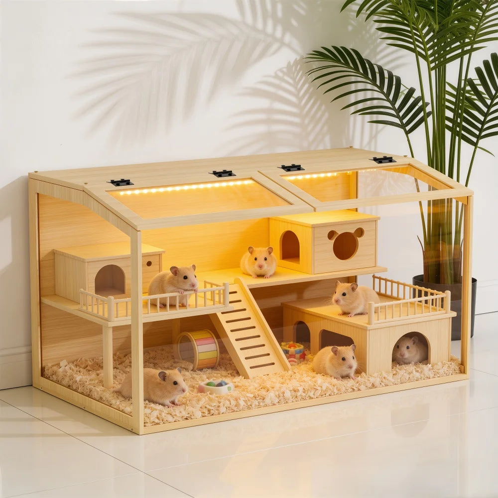 Wooden Hamster Habitat With Tempered Glass And Openable Roof