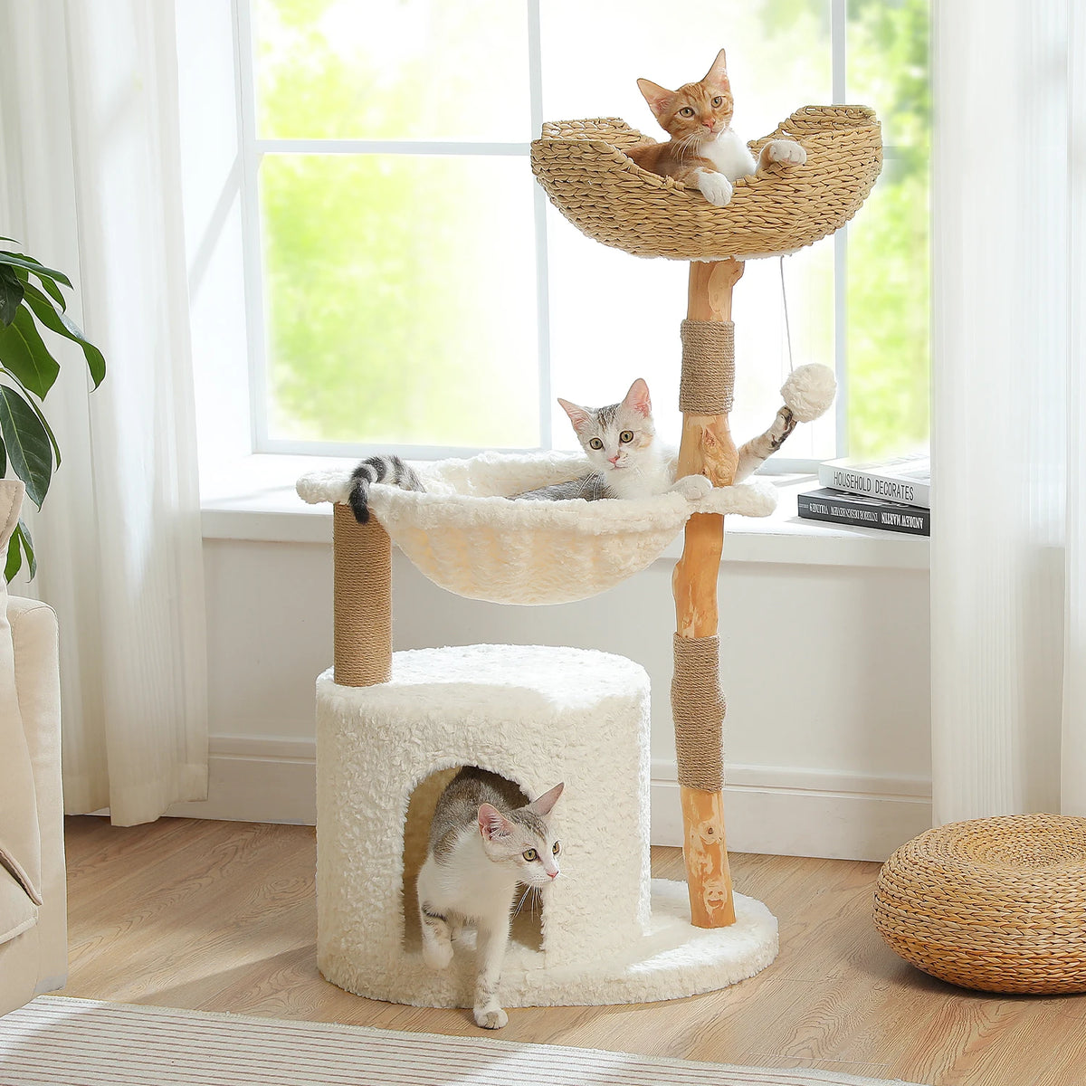PAWZ Road Modern Wooden Cat Tree Tower With Wicker Basket