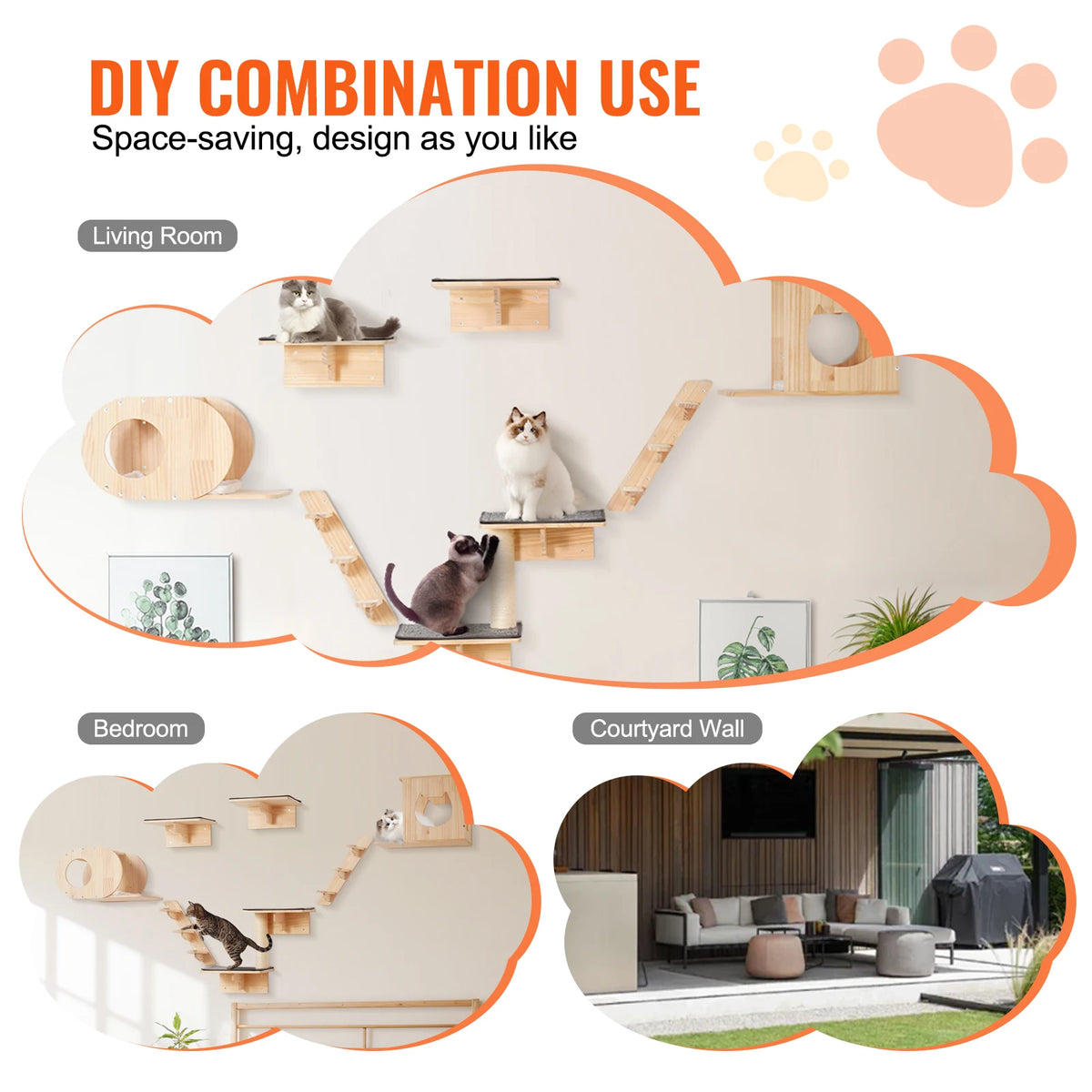 SucceBuy Wall Mounted Cat Shelves With Wooden Perches And Hammock