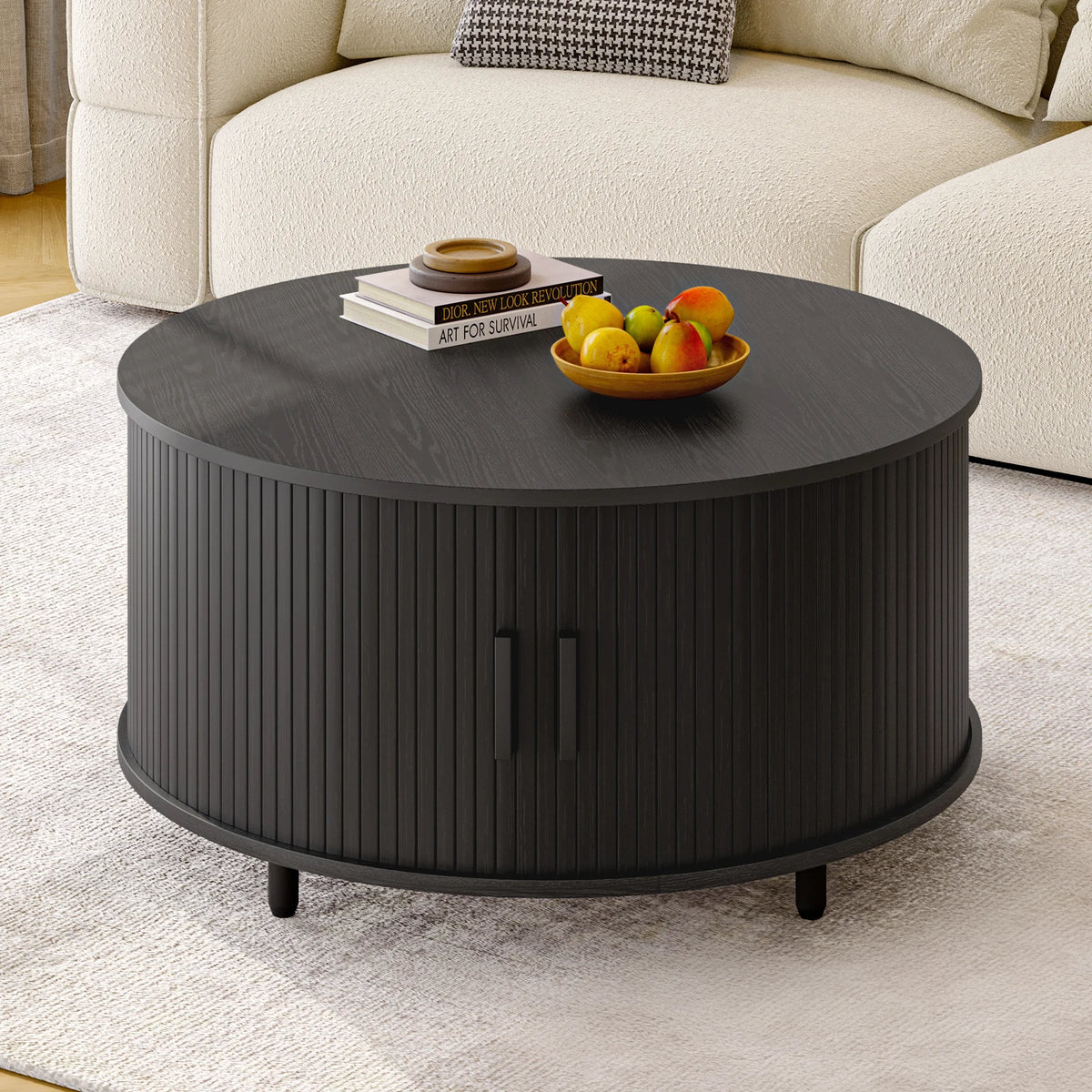 Onbrill Modern Fluted Round Coffee Table Featuring Sliding Storage Door