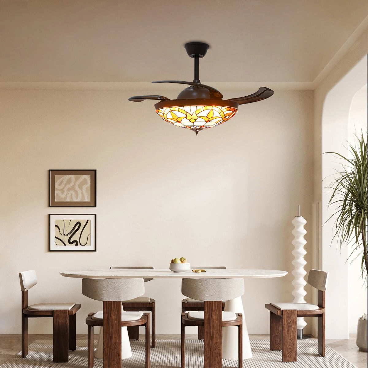 Ceiling Fan, 42 Inch Ceiling Fans, Fan Chandelier, Tiffany Style LED Ceiling Fan Light, Remote Control, 3-Color Dimmable, 6 Speeds, Reversible Quiet Pure Copper Motor, ABS Blades, Brown, Adjustable Rod, Home Living Room Bedro