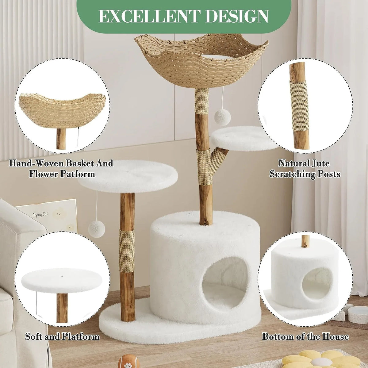 Sturdy Wooden Cat Tree Tower With Multi Level Rattan Perches