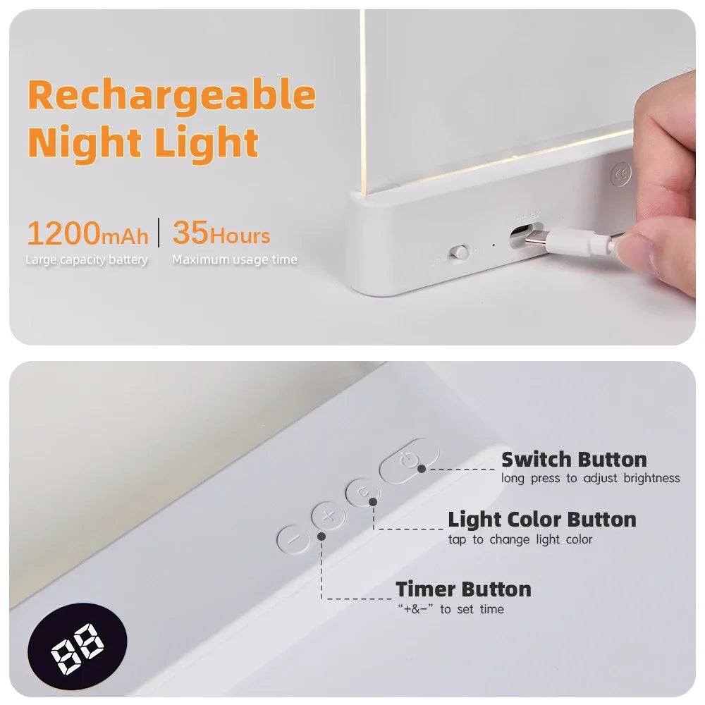 Book Light, Led Lights, Rechargeable LED Flat Book Lights,3 Colors & Timer, Dimmable Panel Plate Book Lamp