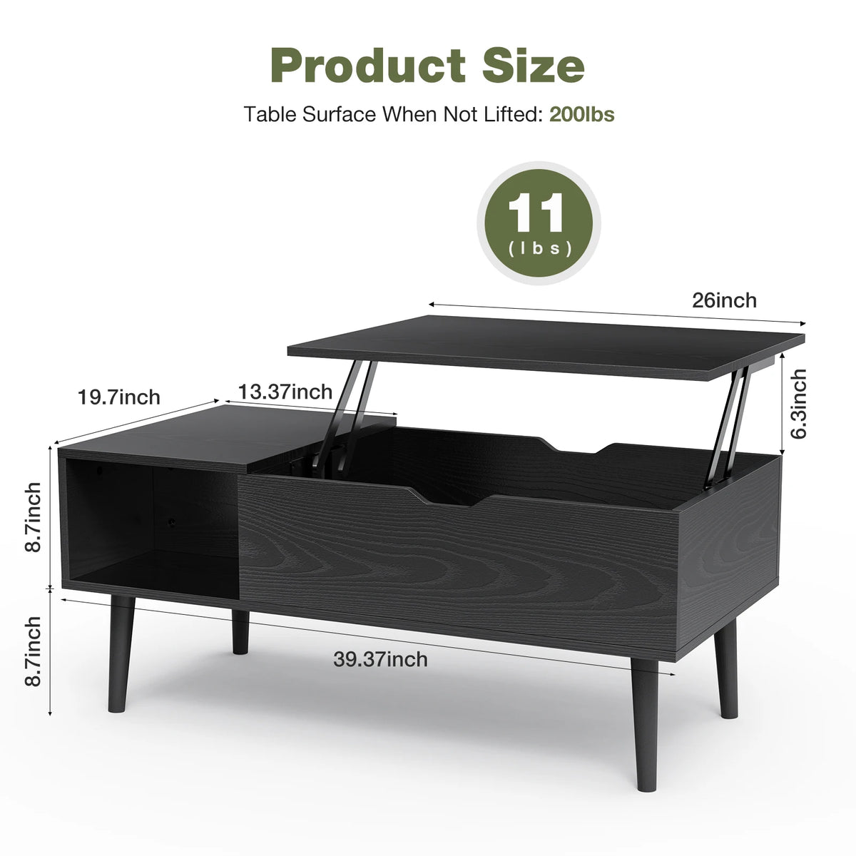 JHK Wood Lift Top Coffee Table Featuring Adjustable Storage Shelf
