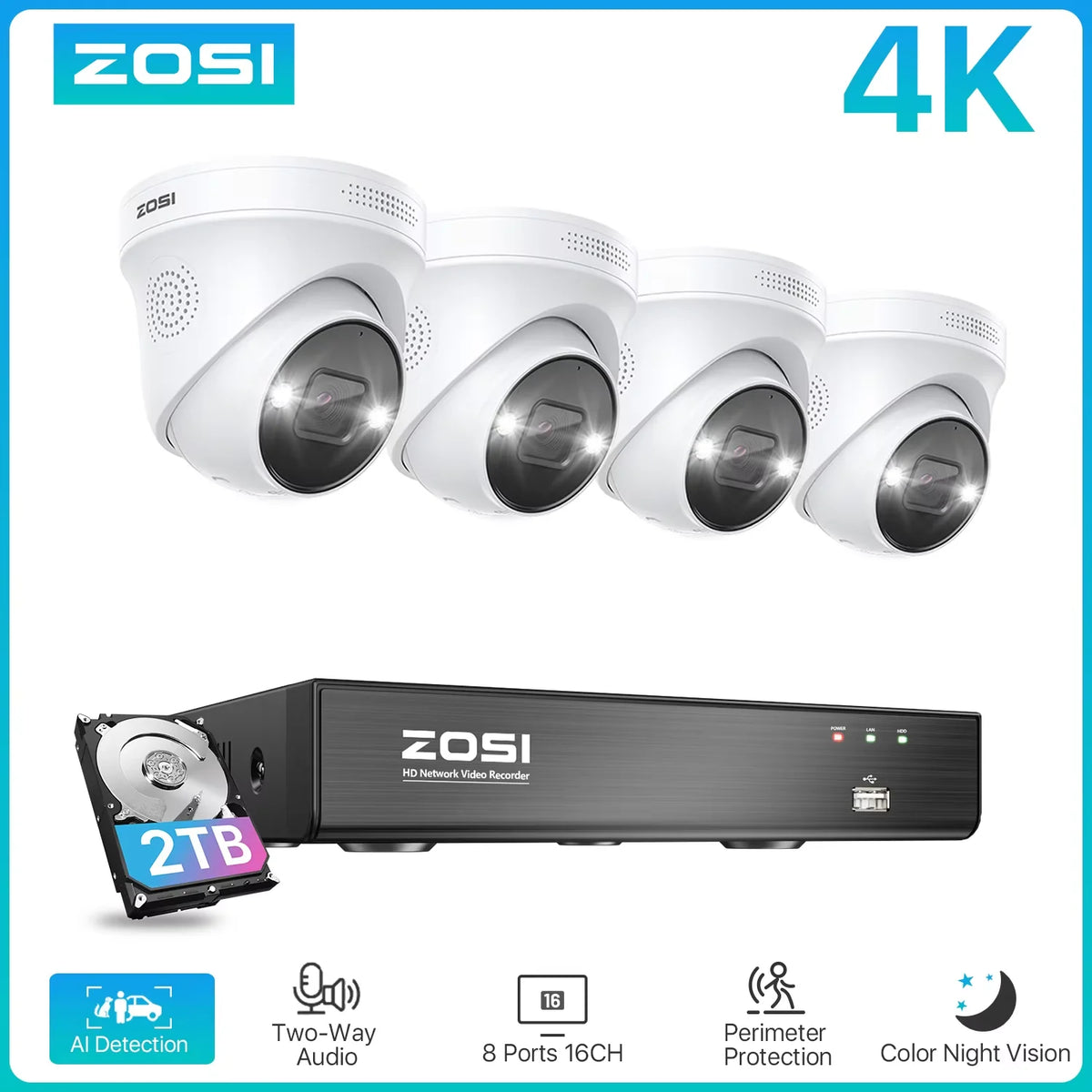 ZOSI 4K 8MP 5MP POE Video Surveillance Kit 8CH H.265 Home CCTV NVR Set Color Night Vision AI Detection IP Security Camera System