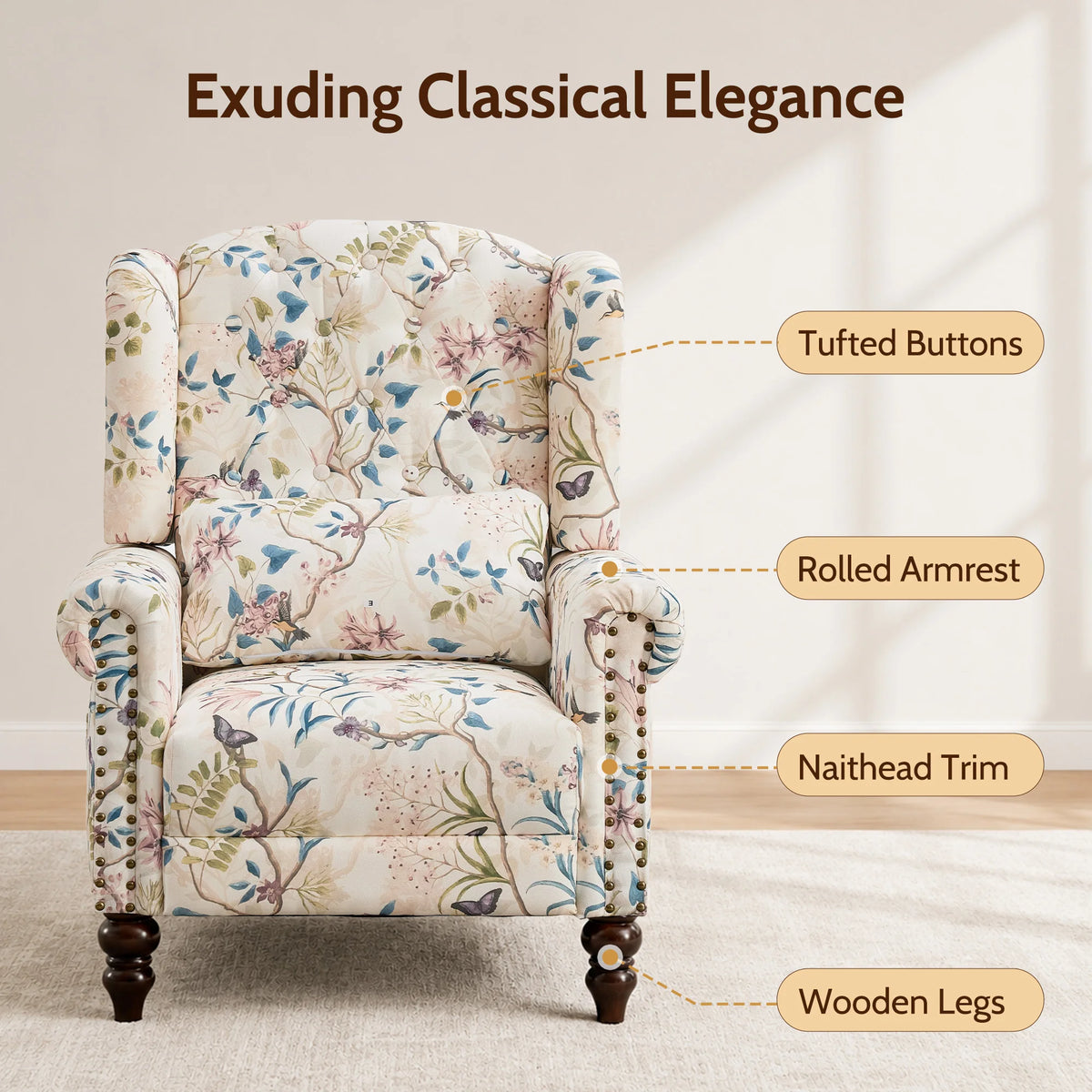 TCGBKAF Vintage Floral Wingback Club Chair Mid Century Modern Upholstered