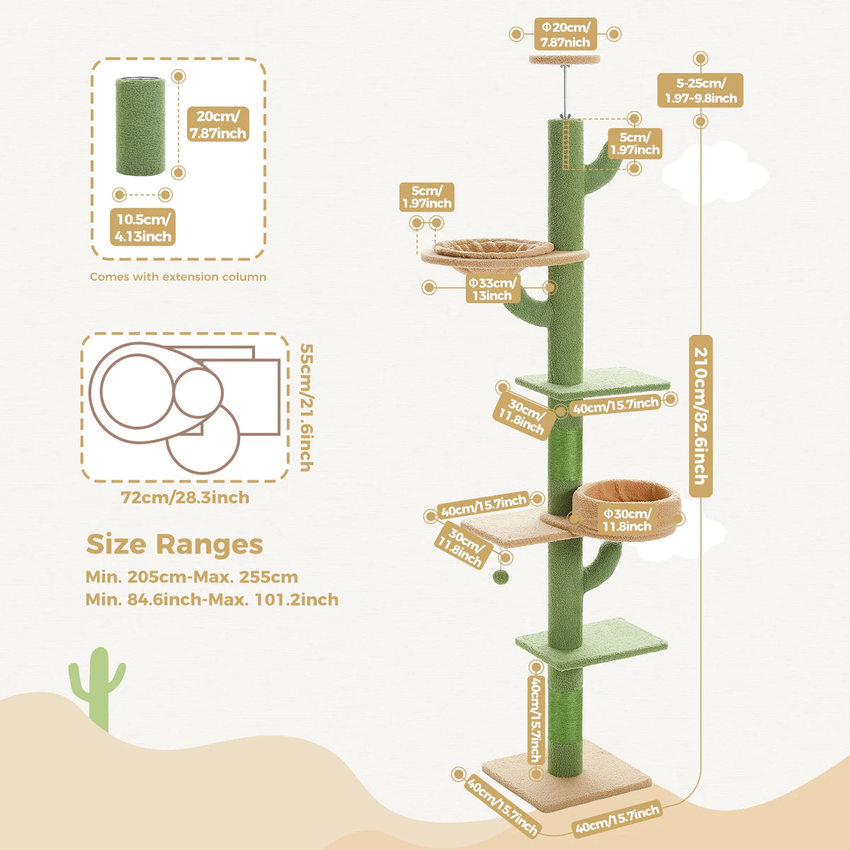 PEQULTI Adjustable Cactus Cat Tree With Scratching Post And Hammock