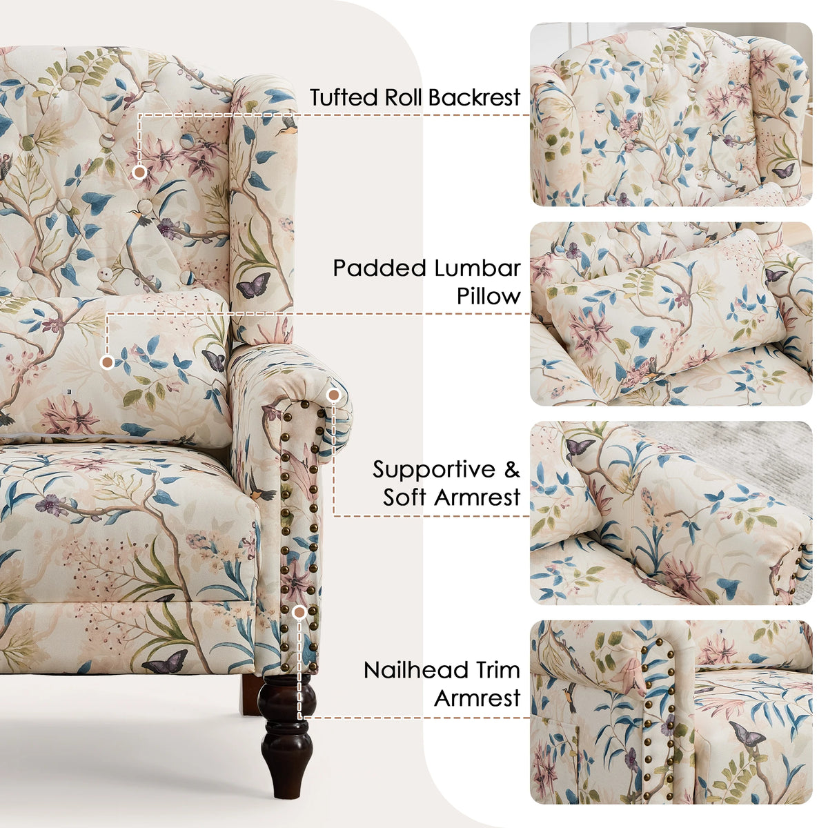 TCGBKAF Vintage Floral Wingback Accent Chair Mid Century Modern Armchair