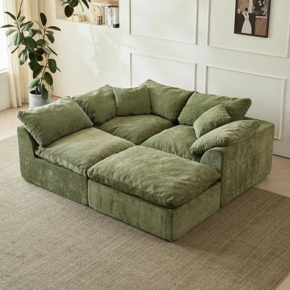 Modern Cloud L-Shaped 3-Seater Oversized Deep Seat Chenille Fabric Sofa green Modular Sectional with Ottoman
