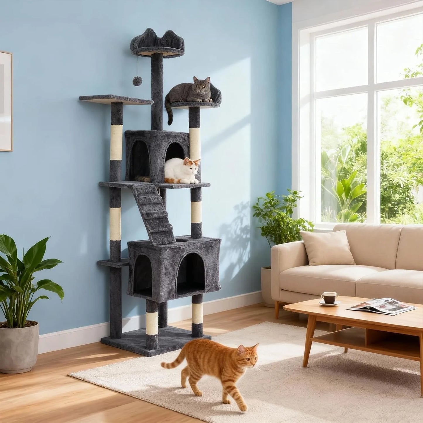 Sturdy Multi Level Cat Tower With Sisal Scratching Posts Condos Hammock