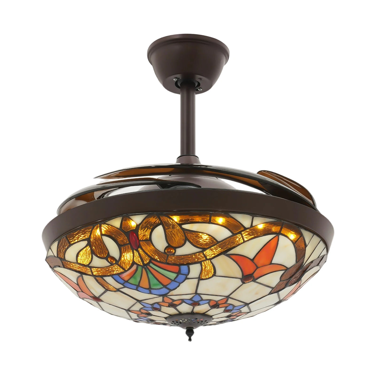 Ceiling Fan, 42 Inch Ceiling Fans, Fan Chandelier, Tiffany Style LED Ceiling Fan Light, Remote Control, 3-Color Dimmable, 6 Speeds, Reversible Quiet Pure Copper Motor, ABS Blades, Brown, Adjustable Rod, Home Living Room Bedro