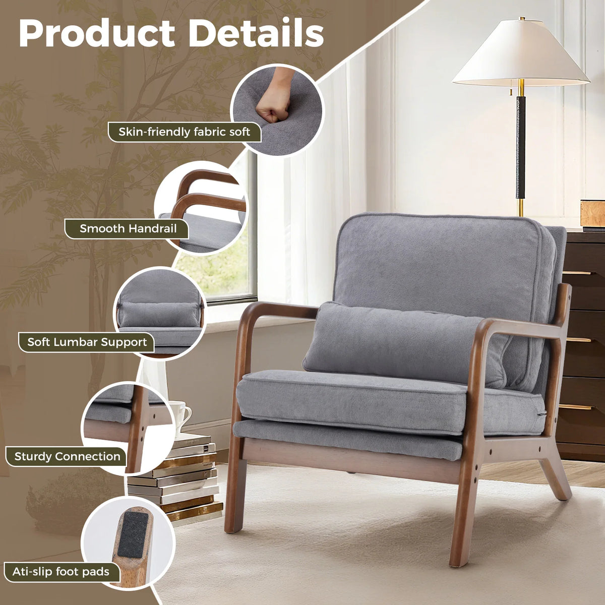 Jhk Mid Century Modern Wooden Frame Accent Lounge Chair