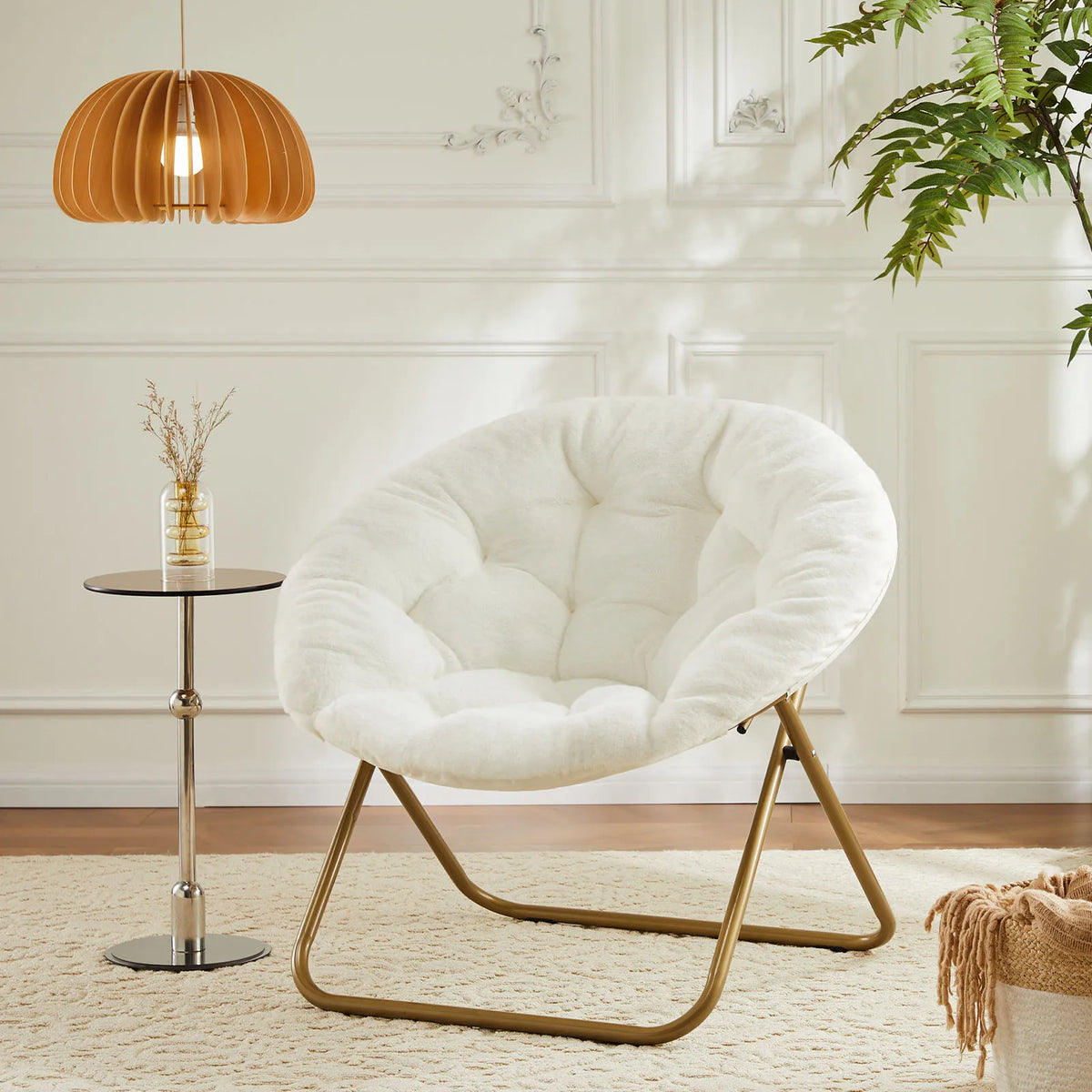 JHK Faux Fur Folding Saucer Lounge Chair With Metal Frame