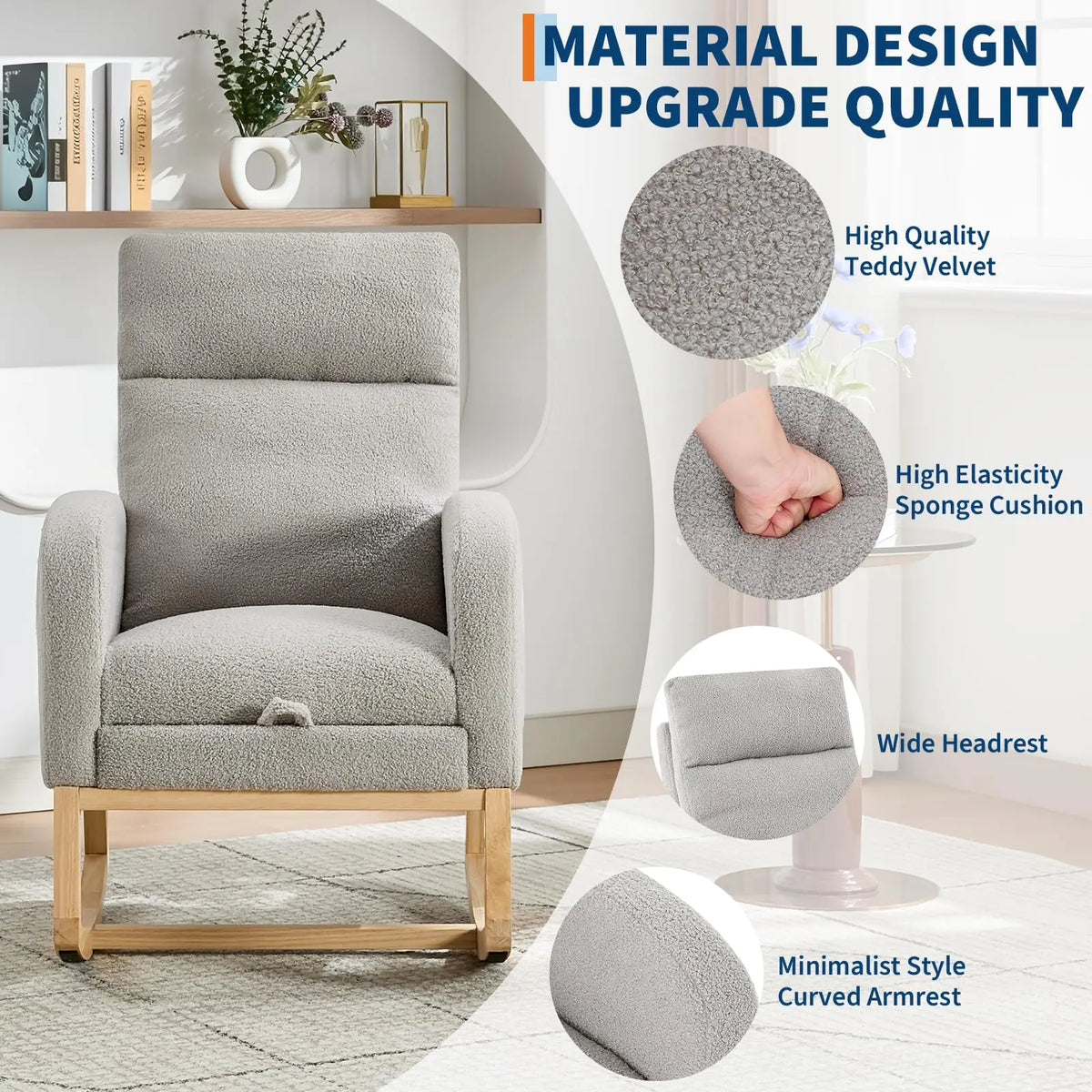 Modern Teddy Rocking Chair With Footrest For Bedroom And Nursery