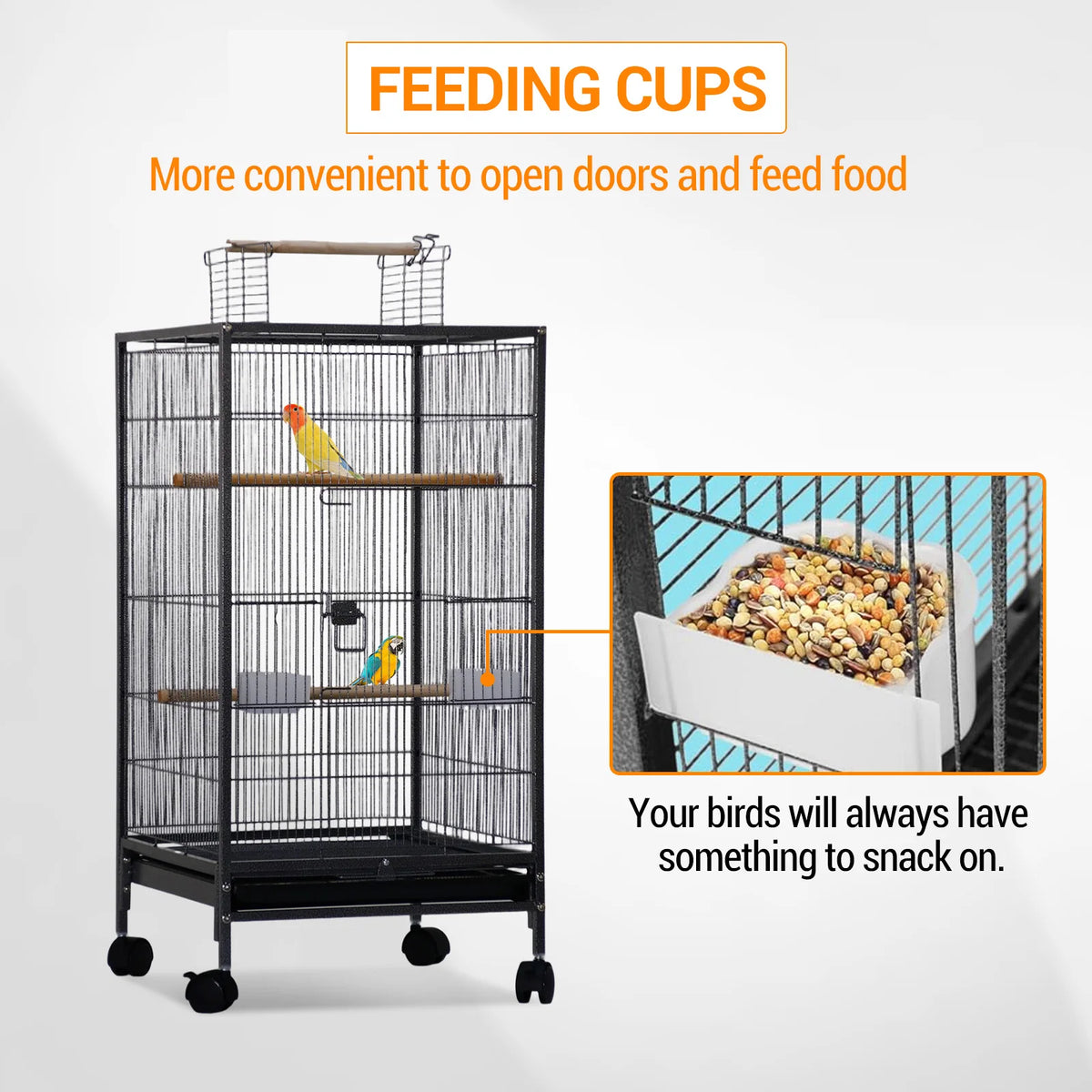 HiMiss Open Top Metal Bird Cage With Perches Wheels Tray