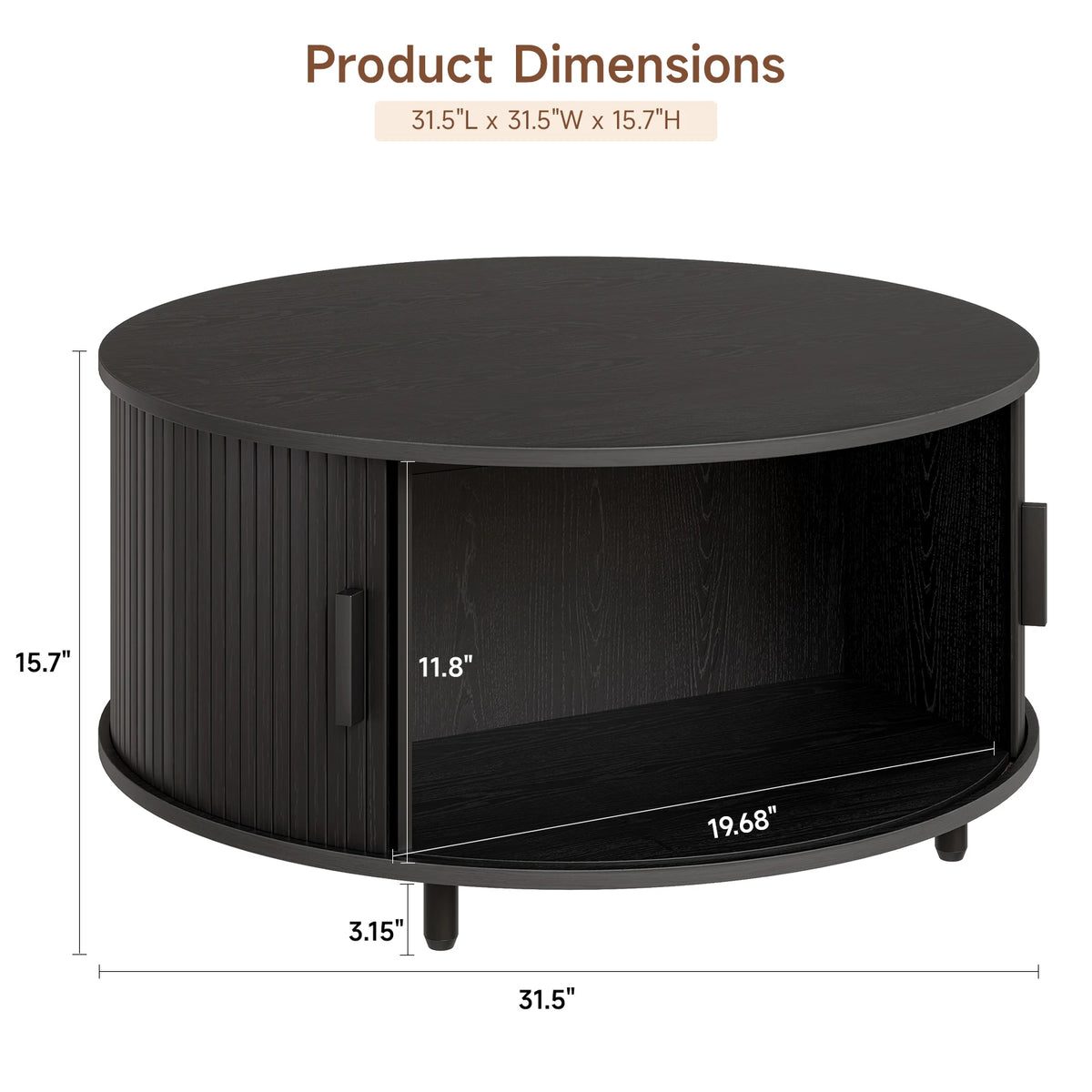 Onbrill Modern Fluted Round Coffee Table Featuring Sliding Storage Door