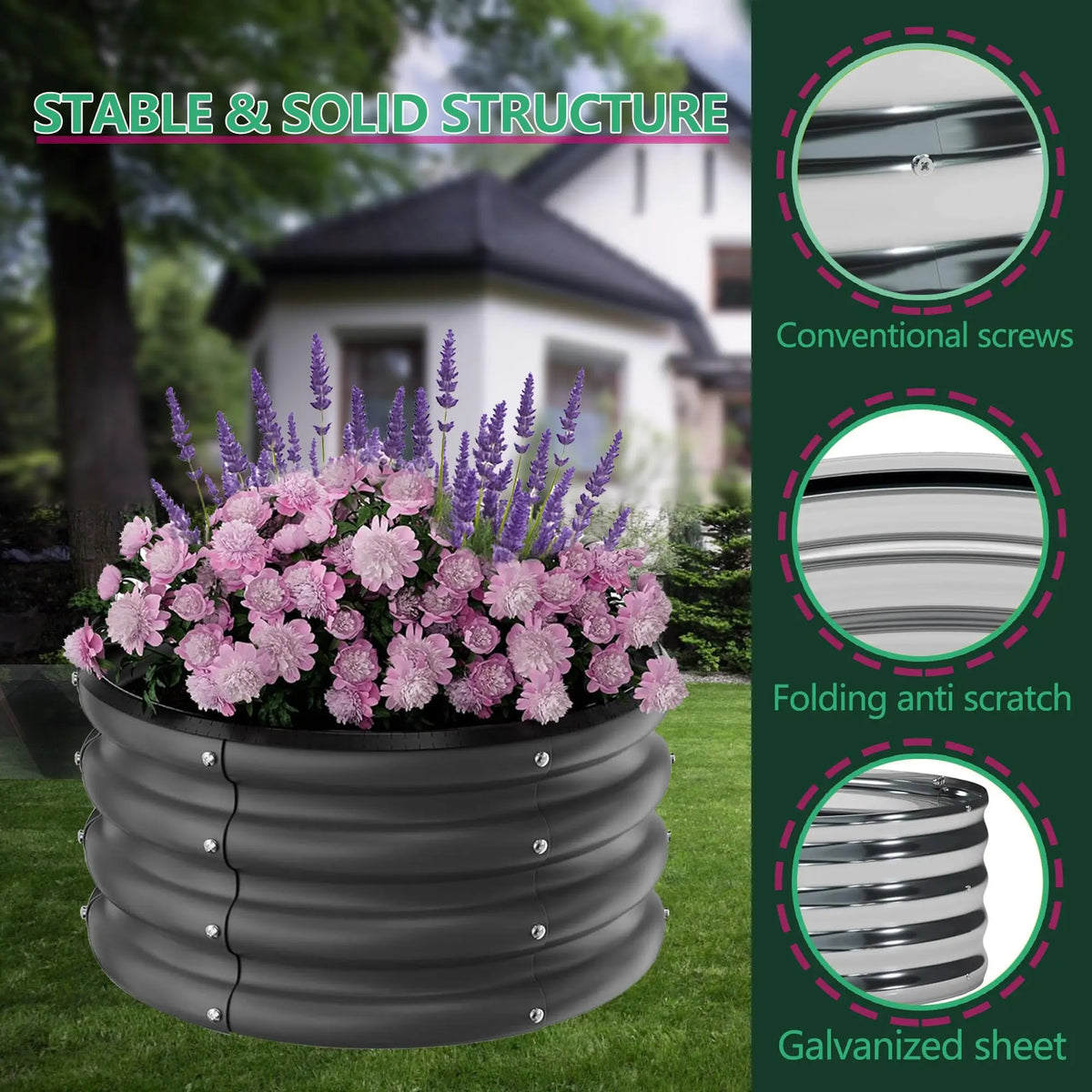 Galvanized Raised Garden Beds Outdoor, 3 Round Metal Planters (2x2x1Ft), Heavy Duty Flower Herb Vegetable Boxes, Open-Bottom