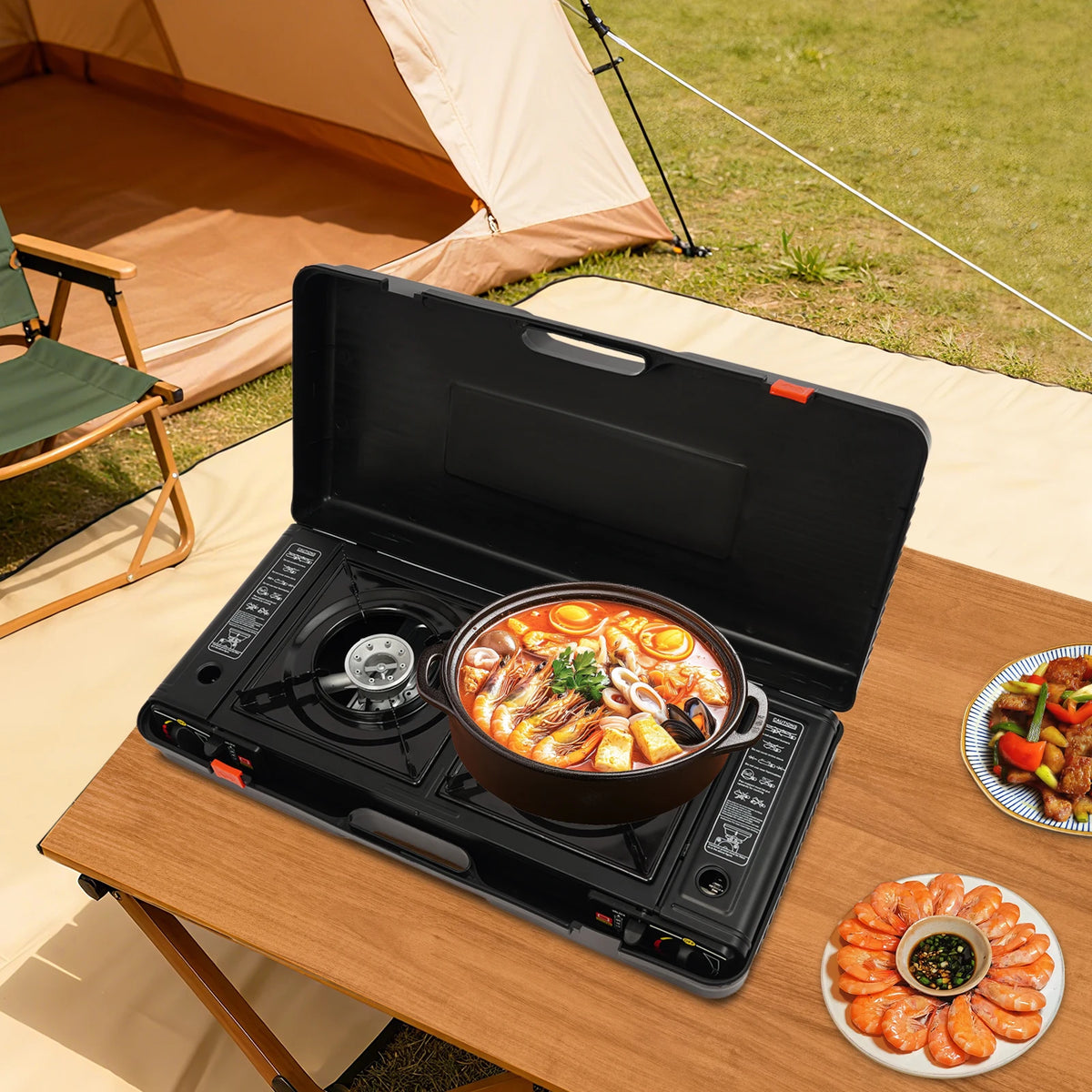 2 Burners Portable Camping Stove, 2.5KW Auto Ignition Butane/LPG Gas Stove w/Baking Tray+Carrying Case for RV Outdoor Picnic BBQ