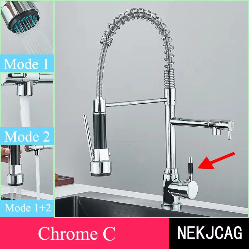 Chrome Kitchen Faucet Spring 360° Pull Down Sprayer Hot Cold Water Mixer Tap Deck Mounted Dual Spout Nozzle Faucets Crane