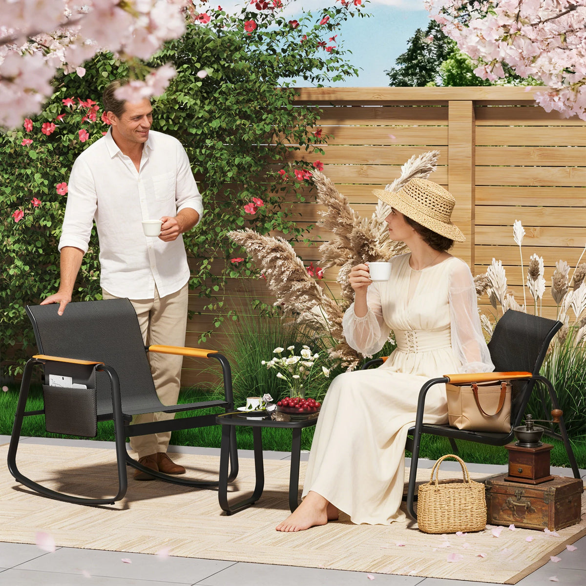 All Weather Bistro Set With Textilene Chairs And Glass Top