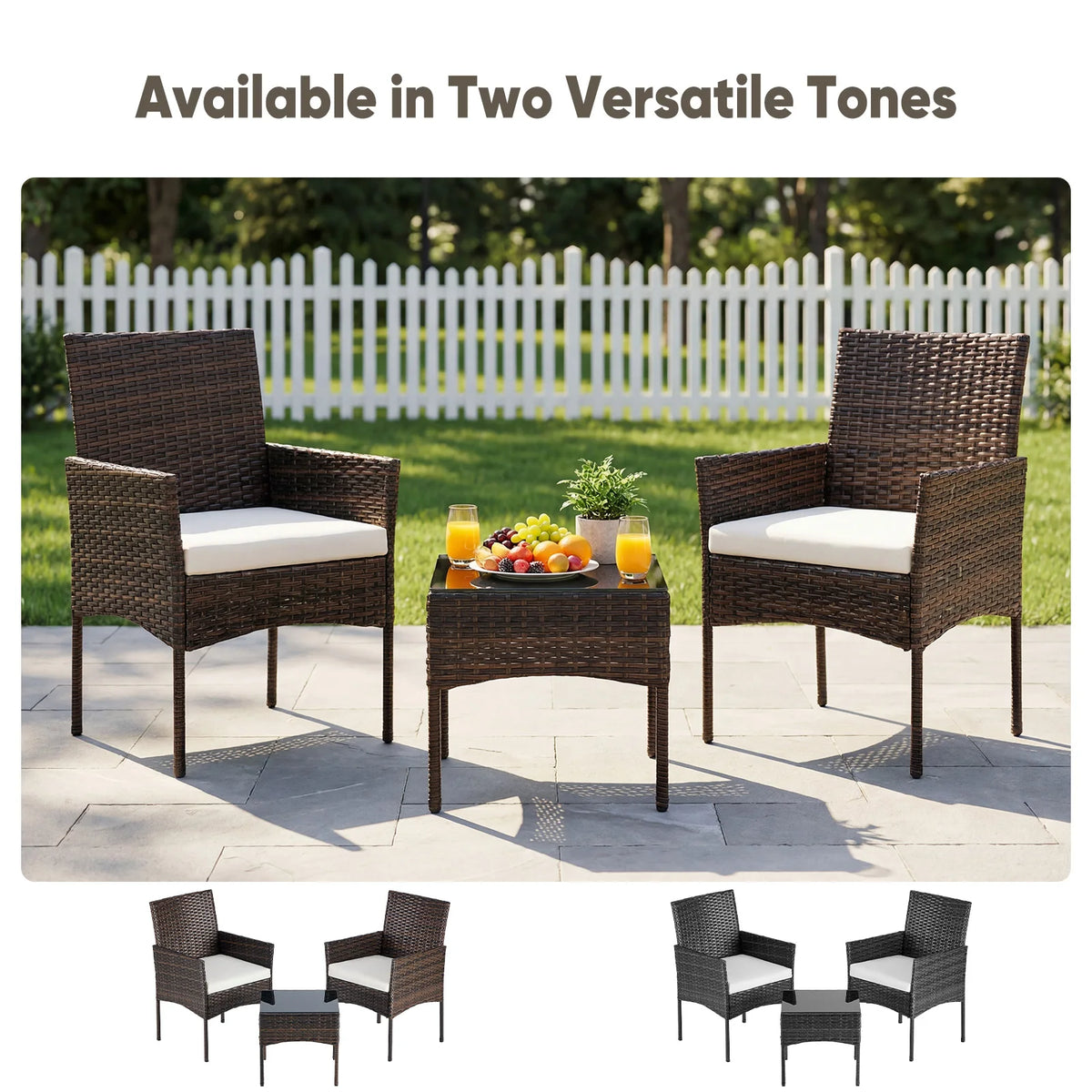 JHK Outdoor Wicker Bistro Set With Glass Table And Cushions