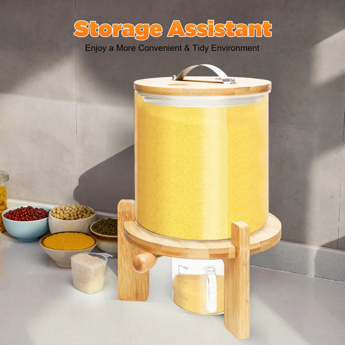5L Clear Glass Cereal Dispenser, Cereal Storage Containers with Sealed Bamboo Lid for Rice Nuts Coffee Beans