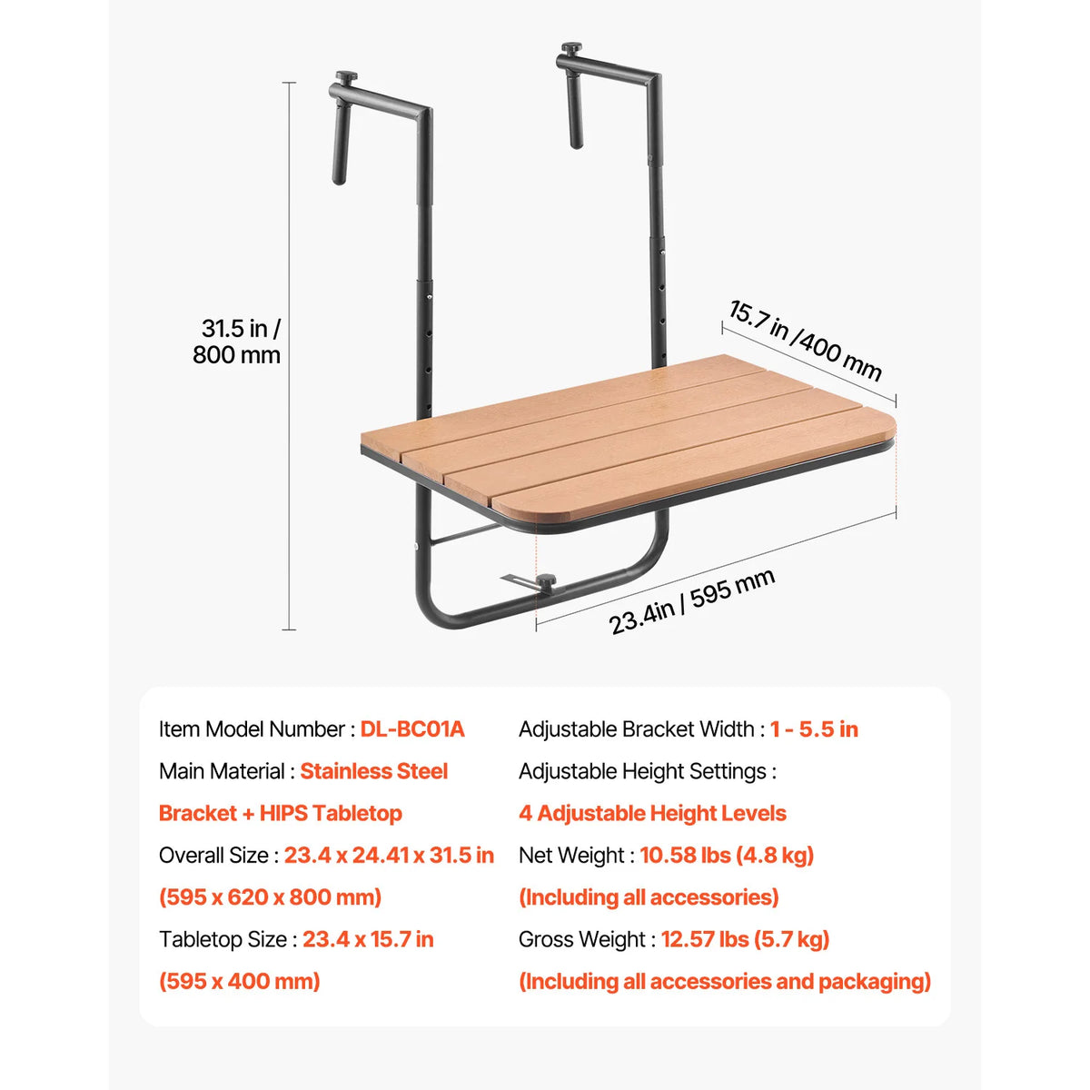 Foldable Balcony Railing Serving Table For Outdoor Use