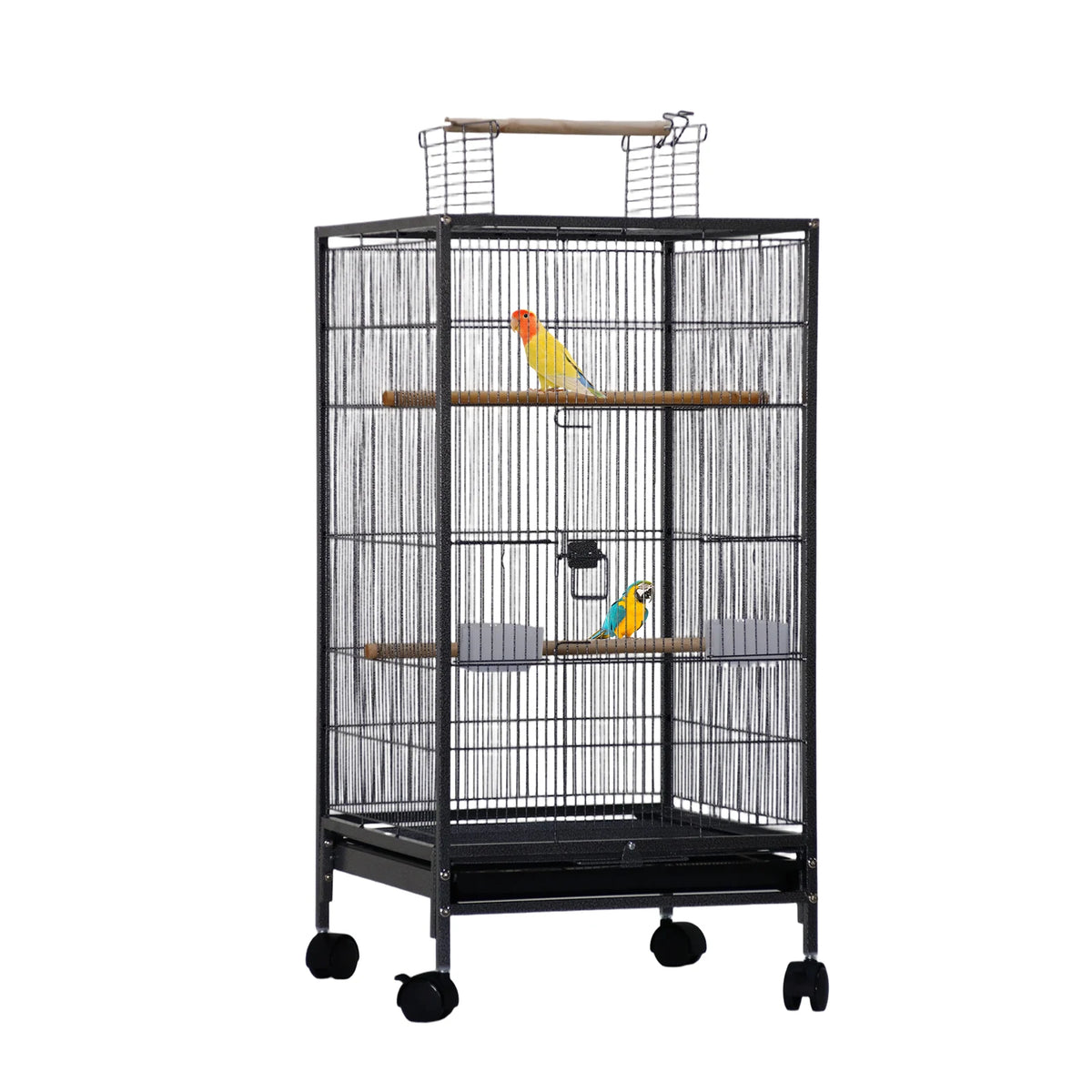 HiMiss Open Top Metal Bird Cage With Perches Wheels Tray