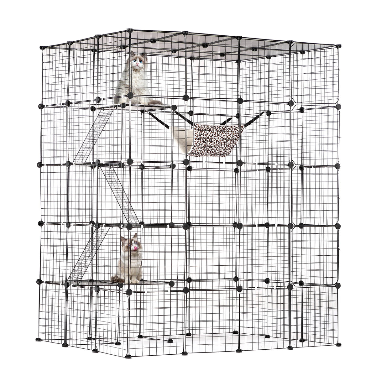 SucceBuy Multi Tier Stainless Steel Cat Villa Detachable Wire Cage With Ramp