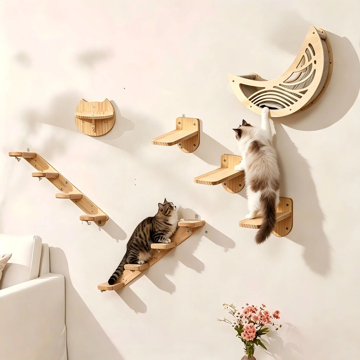 CWV Wall Mounted Cat Shelves Pine Wood Moon Star Platform