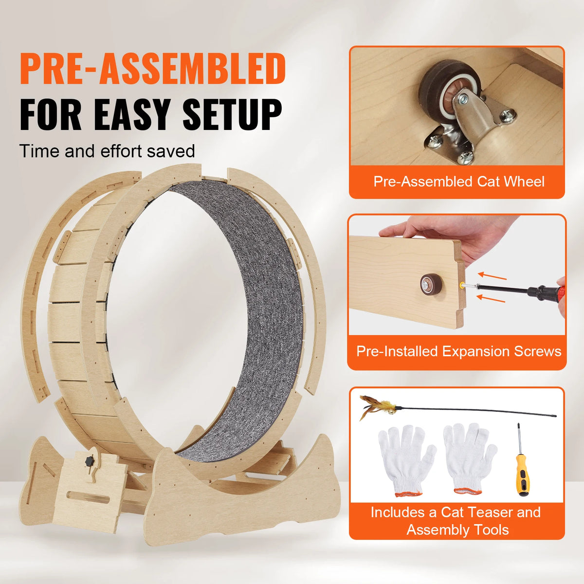 Premium Wooden Cat Exercise Wheel With Carpet And Toy
