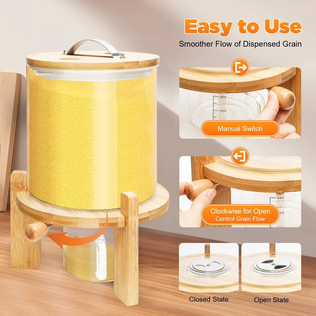 5L Clear Glass Cereal Dispenser, Cereal Storage Containers with Sealed Bamboo Lid for Rice Nuts Coffee Beans