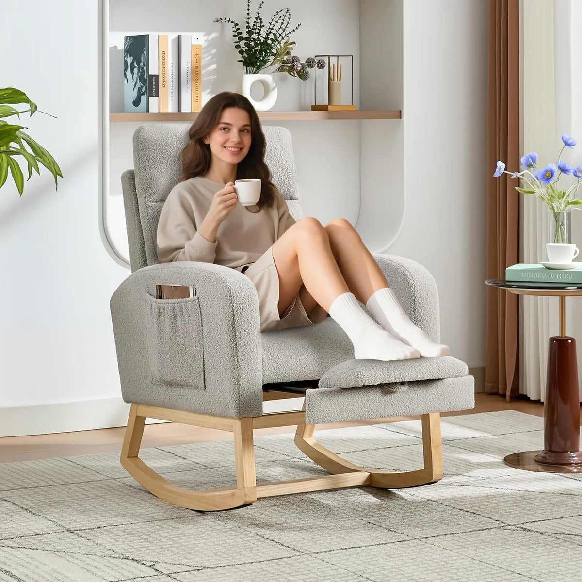 Modern Teddy Rocking Chair With Footrest For Bedroom And Nursery