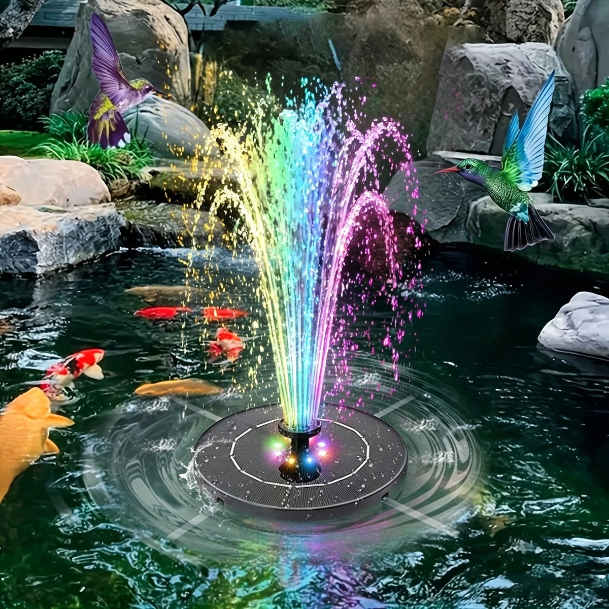Solar Powered Fountain With 6 Nozzles Led Lights Garden Birds