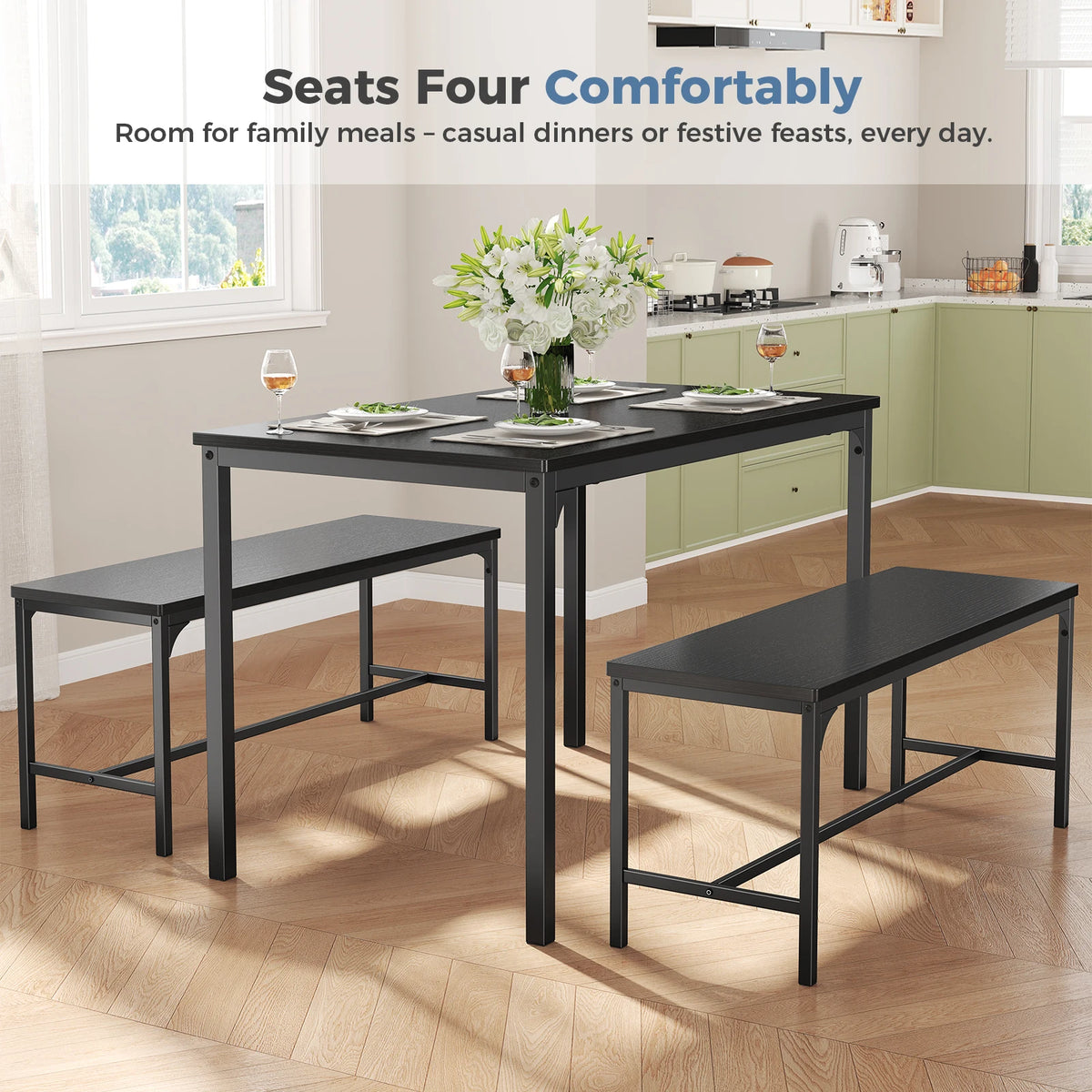 JHK 3Pcs Table and Chair Set Wooden Desktop with Metal Frame for Easy Storage Space-Saving Ideal 4-Person Set for Living Room Kitchen Apartment Corner
