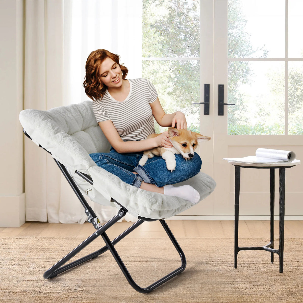 JHK Foldable Reading Saucer Chair With Comfortable Padded Seat