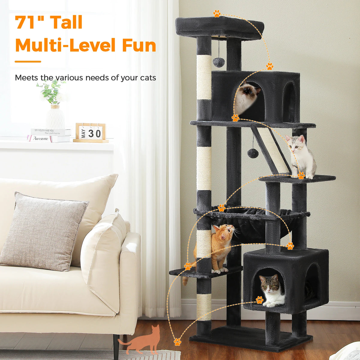 PAWZ Road Tall Cat Tree With Scratching Posts Perch