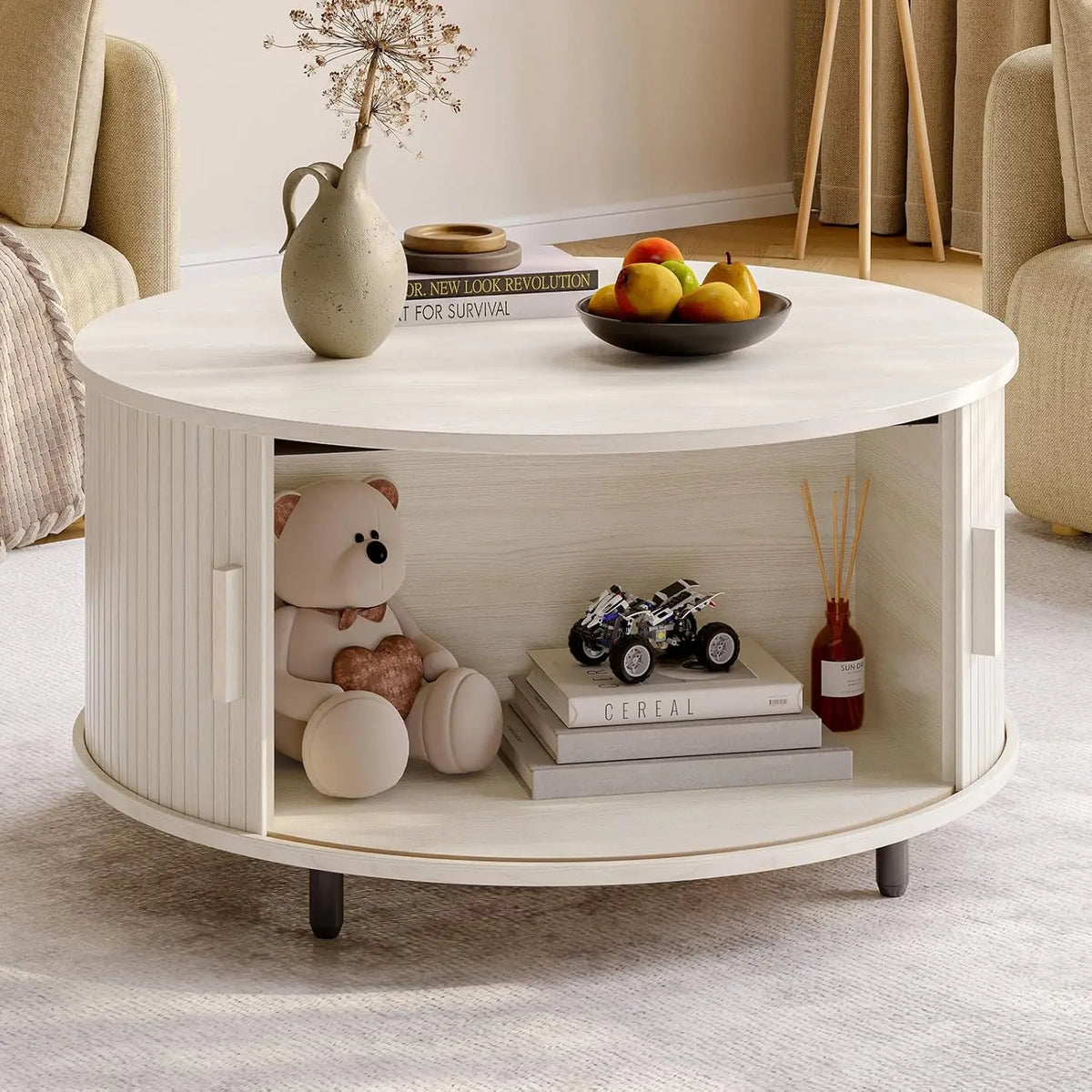 Onbrill Modern Fluted Round Coffee Table Featuring Sliding Storage Door