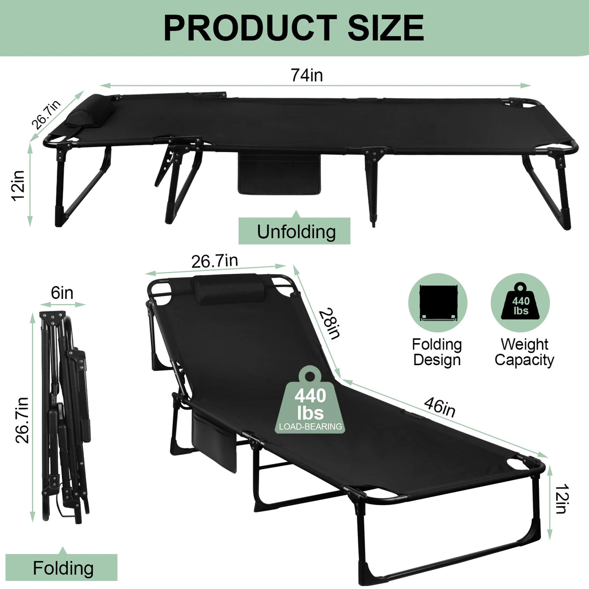 Portable Folding Camping Cot - 3-Position Adjustable Reclining Lounge Chair with Pillow, Outdoor Sleeping Bed (68cm Wide)
