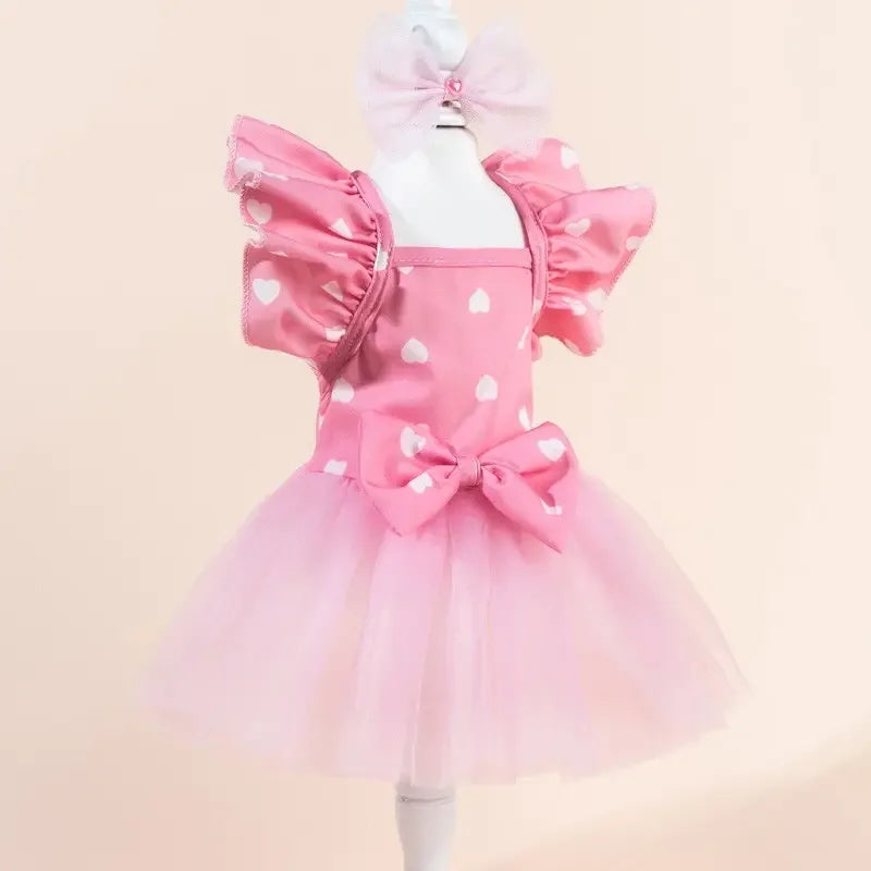 Printed Plaid Pet Princess Dress With Bow And Elastic Mesh