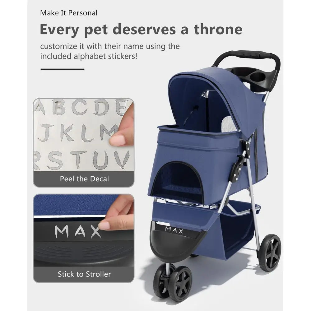 Three Wheel Foldable Pet Stroller With Rear Brakes And Storage