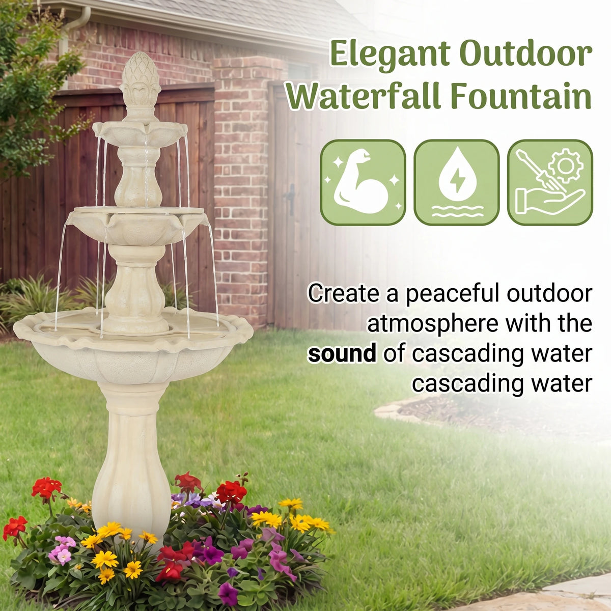 Three Tier Solar Powered Outdoor Water Fountain For Garden Decor