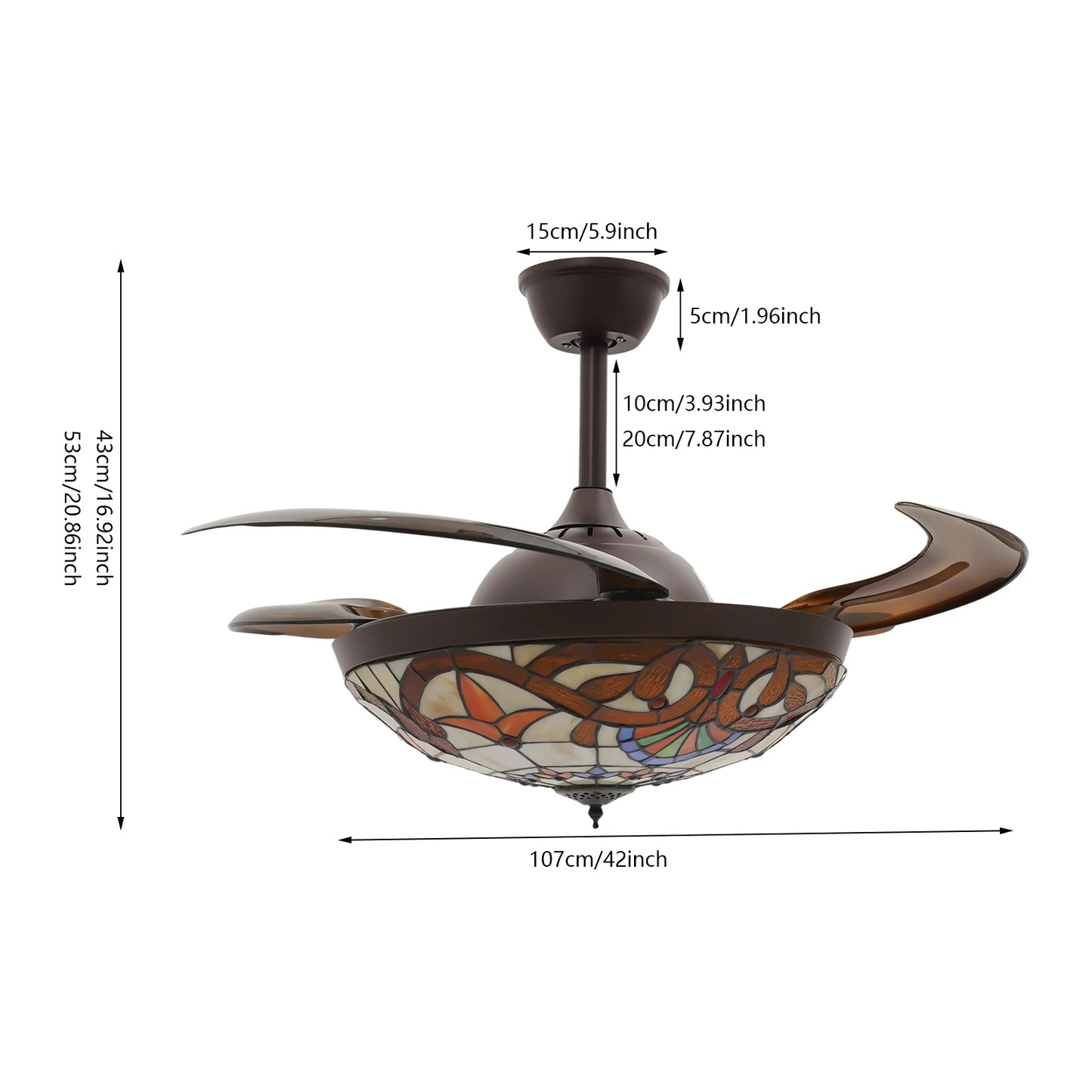 Ceiling Fan, 42 Inch Ceiling Fans, Fan Chandelier, Tiffany Style LED Ceiling Fan Light, Remote Control, 3-Color Dimmable, 6 Speeds, Reversible Quiet Pure Copper Motor, ABS Blades, Brown, Adjustable Rod, Home Living Room Bedro